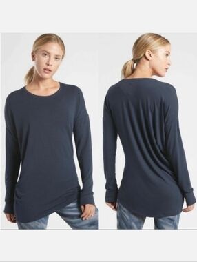 Athleta Solid Navy Blue Cloudlight Restore Long Sleeve Asymmetrical Top